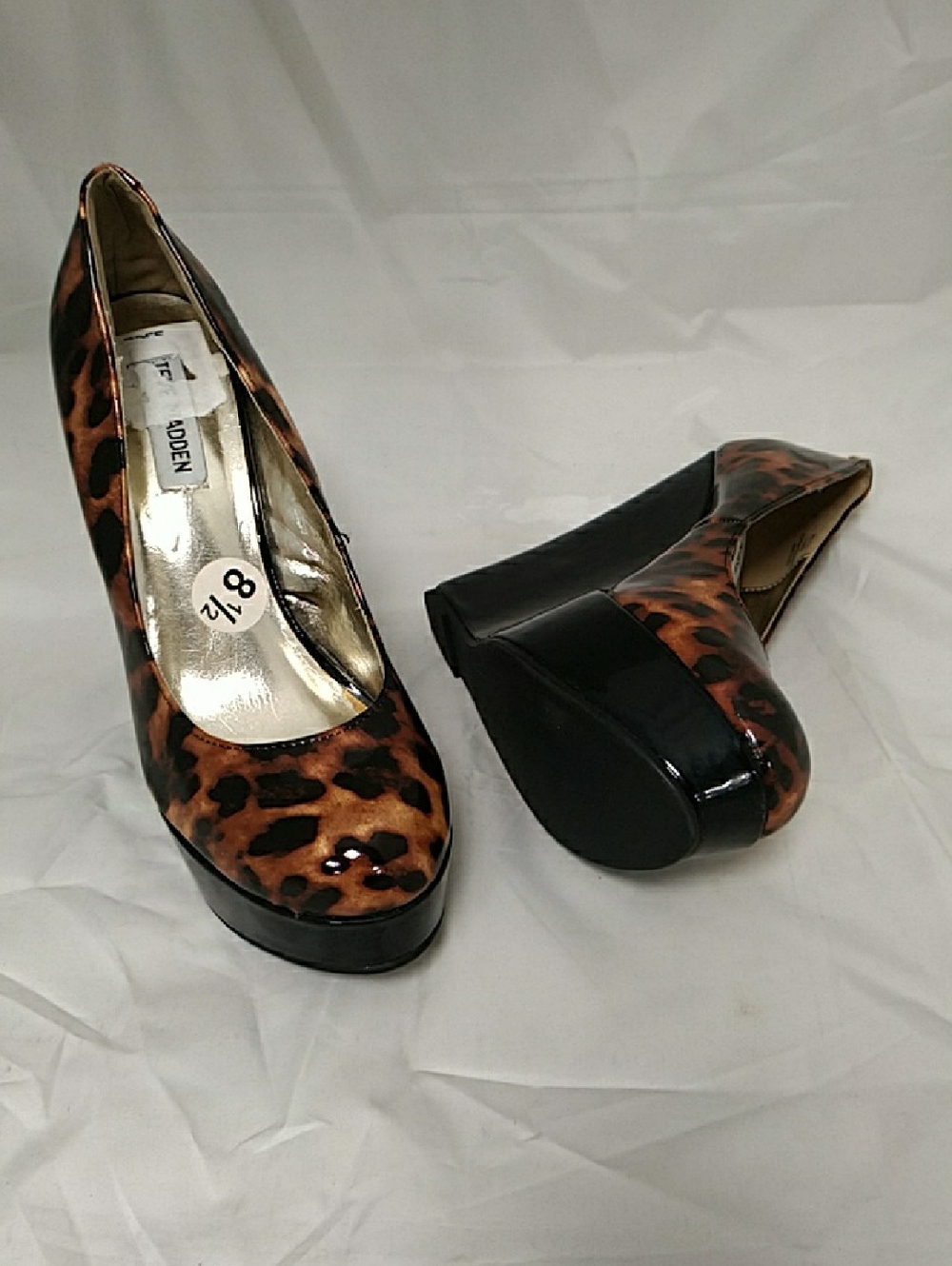 Steve Madden P-Mardi Leopard and Black Patent Platform Wedges 8.5